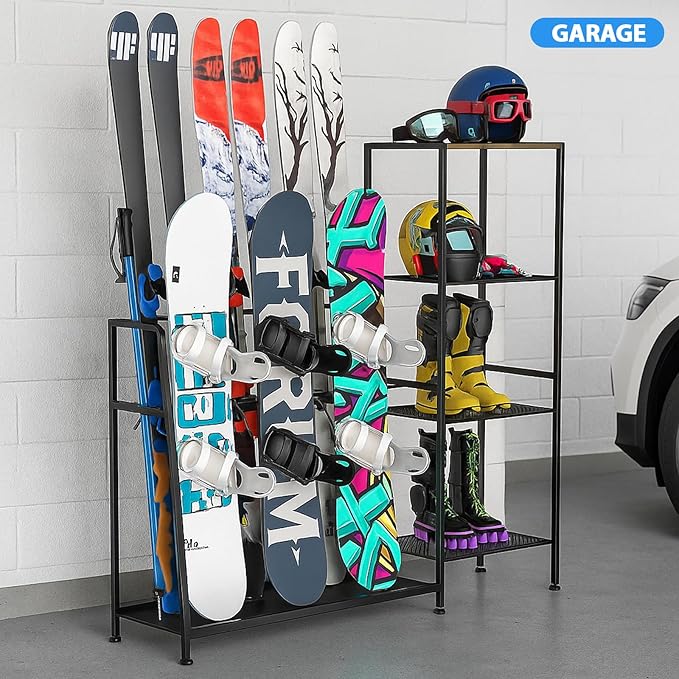 Freestanding Snowboard Rack - Ski Holders for 4 Pairs of Skis, 3 Pack Snowboard, Boot, Pole, Goggles, Helmet and More, Heavy Duty Steel Floor Stand Ski Organizer for Garage, Shed, Basement