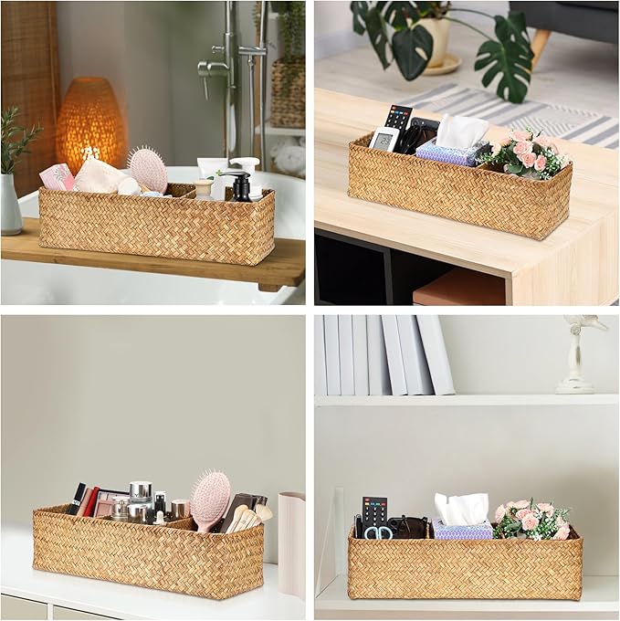 Hipiwe Handwoven Seagrass Storage Basket 3 Sections Toilet Tank Paper Organizer Decorative Shelf Basket for Pantry Living Room Kitchen, Caramel Color