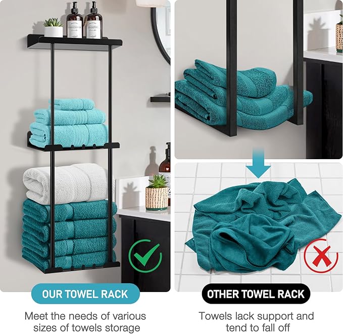 Hommtina Wall-Mounted Towel Rack & Holder - Rust-Resistant Bathroom Organizer with No Drill Installation, Space-Saving Design for Kitchen, Laundry Room (Black)
