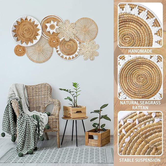 Xuhal 8 Pcs Boho Wall Basket Decor Decorative Bulrush Woven Basket Wall Decor Rustic Farmhouse Hanging Baskets for Kitchen Rustic Home Summer Decorations