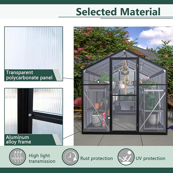 Polycarbonate Greenhouse for Outdoors, Large Walk-in Aluminum Frame Greenhouse with Lockable Door, Adjustable Roof Vent, UV Protection, Weather-Resistant for Garden Backyard (Black,6x10 FT)