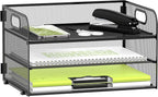 Daltack 3-Tier Paper Organizer with Handle, Mesh Desk Organizer Letter Tray, Paper Tray Organizer File Organizer for A4 File Folder, Black