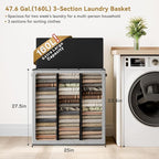 SOLEDI 160L Laundry Hamper 3 Section, Extra Large Laundry Hamper with Lid, Dirty Clothes Hamper with Sturdy Handle, Large Laundry Basket Organizer for Laundry Room, Bedroom, Hampers for Laundry
