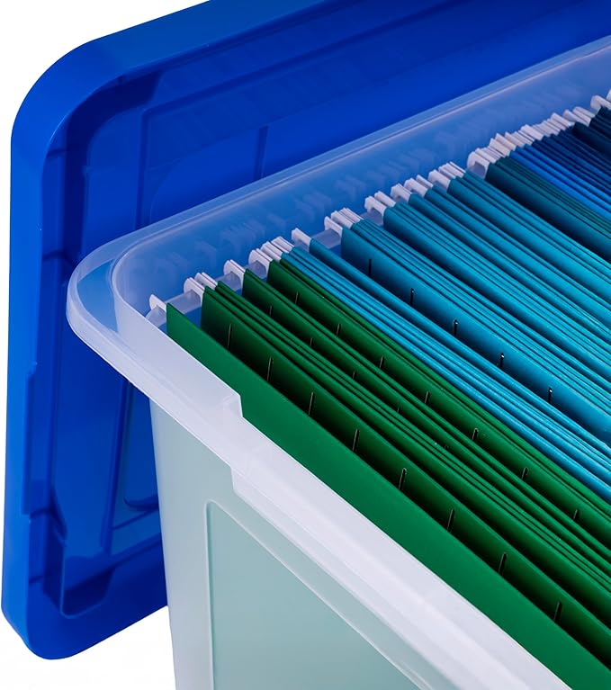 IRIS USA File Box, Plastic File Organizer Box With Lids, Letter/Legal File, Important Document Box, Portable Storage Filing Bin, Stackable Nestable, Clear/Blue 35 Qt. 3 Pack