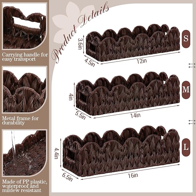 3Pack Toilet Paper Basket for Organizing Scalloped Edge Wicker Basket with Handles Toilet Tank Paper Holder Storage for Bathroom Bedroom Countertop Shelf Decor(Brown,Plastic)