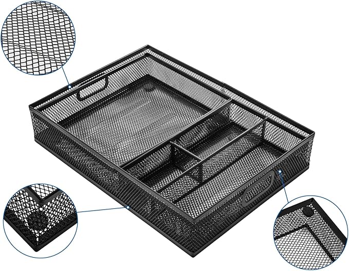 3 Pack Office Drawer Organizer, Desk Drawer Divider Tray, Metal Mesh Desktop Basket, 6 Compartments Pen Storage Box for Makeup, Stationery, Office Supplies & Accessories, Kitchen(Black,3 Size)