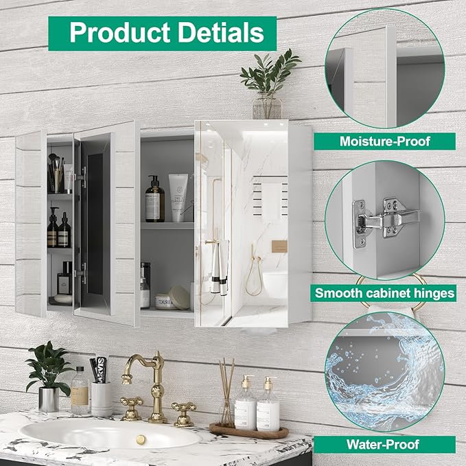 40 x 28 Farmhouse Medicine Cabinet, Tempered Frameless Bathroom Mirror with Storage, Silver Recessed or Surface Mount Aluminum Medicine Cabinet for Bathroom Modern-Large