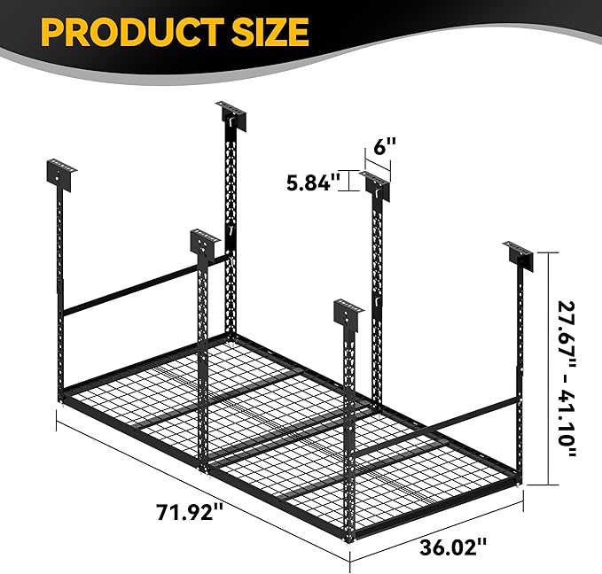 3x6 Ft Overhead Garage Storage Rack, 28-41 inch Height Adjustable Ceiling Mounted Organization Rack, 700 lbs Weight Capacity, 36"x72" Metal Rack for Garage Storage with Wire Decking