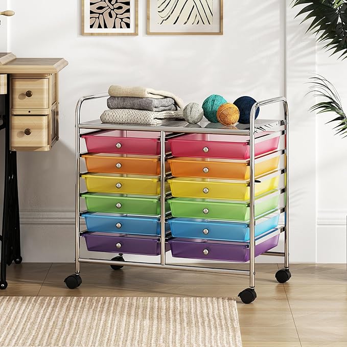 COSTWAY 12-Drawer Rolling Storage Cart, Utility Storage Organizer Cart for Tools, Scrapbook, Paper, Craft, Multipurpose Art Supply Organizer on Wheels for Home Office School, Teacher, Rainbow