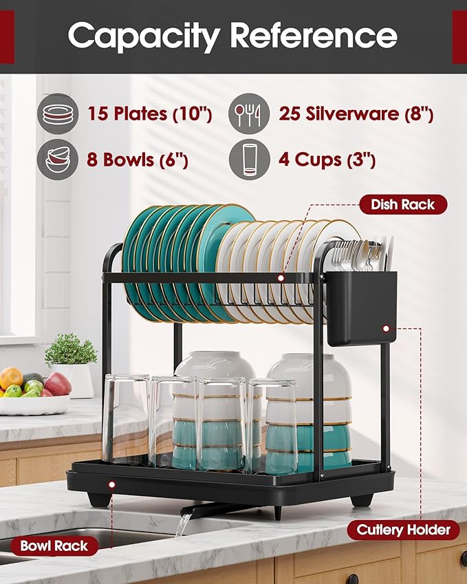 2-Tier Dish Drying Rack - Stainless Steel Dish Rack with Cutlery & Utensil Holders for Kitchen Counter, Sink Organization and Storage for Small Family, 15" W x 11.4" L x 15" H, Black