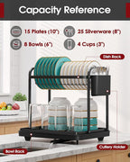 2-Tier Dish Drying Rack - Stainless Steel Dish Rack with Cutlery & Utensil Holders for Kitchen Counter, Sink Organization and Storage for Small Family, 15" W x 11.4" L x 15" H, Black