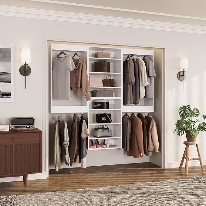 ROOMTEC Modular Closet System, 78" Wall-Mounted Closet Organizer with Hanging Rods and Shelves, Wooden Tower for Walk-In Closets, Wardrobe Storage Kit, White