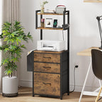 3 Drawer File Cabinet with Charging Station, 45''H, 3-Tier Filing Cabinet for Home Office, 11''*16'' for Small Printer, Fabric Drawer Fits Letter/A4, Tall Printer Stand, Rustic Brown
