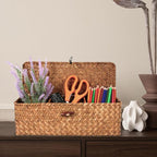 Seagrass Tank Basket with Lid with Rectangular Small Shelf Baskets Bin, Toilet Paper Basket with 3 Sections for Organize,Home Organizer Bin for Shelves Bathroom Closets Kitchen