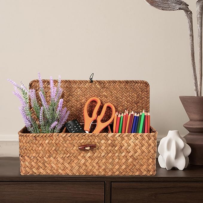 Seagrass Tank Basket with Lid with Rectangular Small Shelf Baskets Bin, Toilet Paper Basket with 3 Sections for Organize,Home Organizer Bin for Shelves Bathroom Closets Kitchen