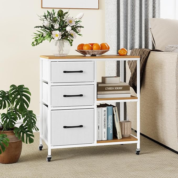 Giantex File Cabinet, Printer Stand with Storage, 3 Fabric Drawers, Open Storage Shelves, Charging Station, 4 Rolling Wheels (2 Lockable), Lateral Filing Cabinet for Home Office Organization (White)
