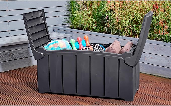 Ward Strata Products 85 Gallon (321L) Outdoor Storage Organization Bin, Patio Deck Box with Dual Door Lid for Garden, Pool, & Furniture Accessories, Black