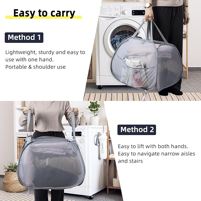 Collapsible Laundry Basket, 90L Foldable Pop-up Laundry Hamper with Handles, Square Mesh Dirty Clothes Hamper for Laundry, Bathroom, Kids Room, Dorm,Travel or Camping (Beige)
