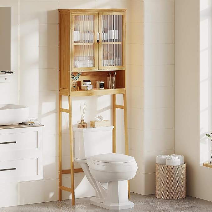 BAMBANG Over The Toilet Storage Cabinet, Bamboo Bathroom Over Toilet Storage Organizer with Adjustable Shelves and Double Doors, Above Toilet Storage Cabinet, Natural
