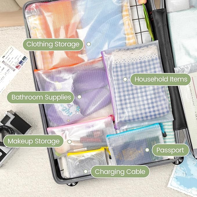 Smarpau 32pcs Zipper Pouch, 8 Sizes 8 Colors Mesh Zipper Pouches for Organizing, Waterproof Plastic Zipper Storage Bags for Board Game Storage, Travel, Office Supplies