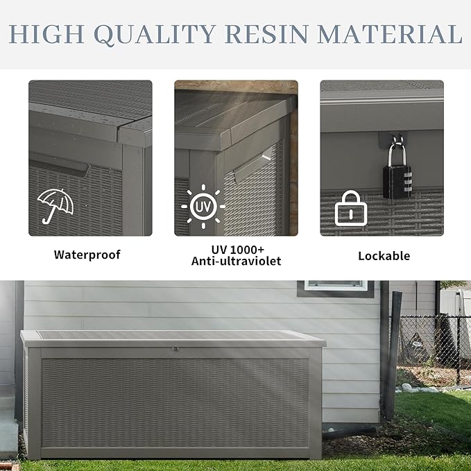 320 Gallon Outdoor Storage Box, Resin Deck Boxes Outdoor Waterproof For Patio Furniture, Garden Tools, Pool Supplies, Lockable And UV Resistant (Rattan Gray)