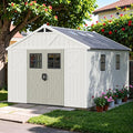 Greesum 10×12FT Plastic Outdoor Storage Shed with Floor and Lockable Door, Resin Sheds with Windows and Skylights, Organization for Garden, Lawn, Pool Supplies, Beige