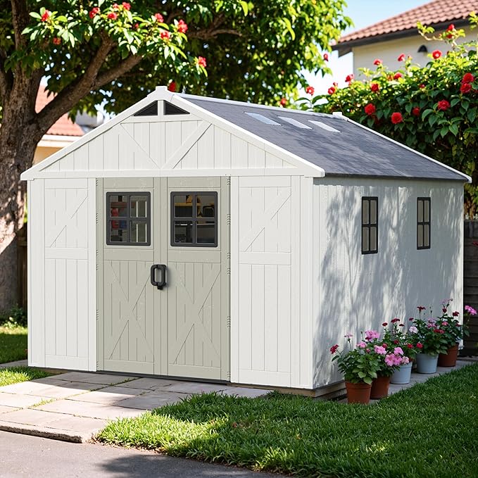 Greesum 10×12FT Plastic Outdoor Storage Shed with Floor and Lockable Door, Resin Sheds with Windows and Skylights, Organization for Garden, Lawn, Pool Supplies, Beige