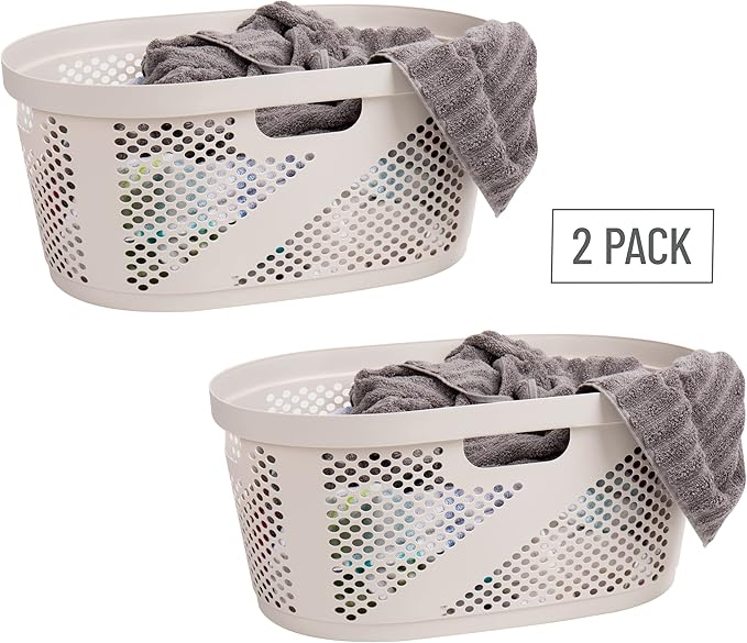 Mind Reader 40L Ventilated Laundry Baskets, Lightweight Clothes Hamper with Cutout Handles for Bathrooms and Closets, Plastic, Set of 2, Ivory