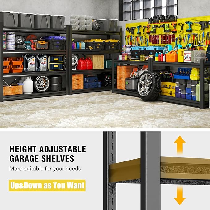 48" W x 24" D Garage Shelving Heavy Duty Unit, 4-Tier Adjustable Metal Storage Shelves, 2400 lbs Industrial Shelf Stand Organizer for Garage, Basement, Warehouse, Pantry, Kitchen, Black, 63" H