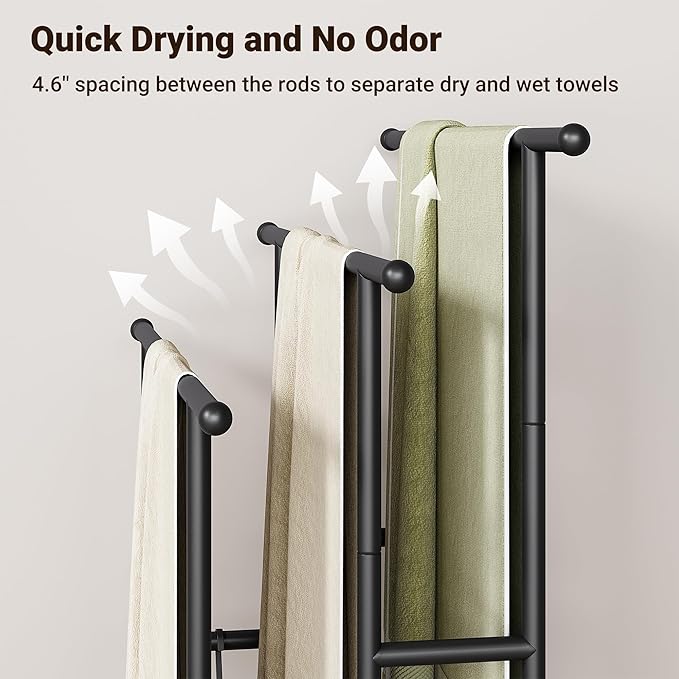 ELYKEN 3 Tier Standing Towel Rack, 40'' Tall Towel Drying Rack Outdoor, Freestanding Floor Towel Rack with Shelf, Pool Towel Blanket Stand, Metal Towel Racks for Bathroom freestanding, Matte Black