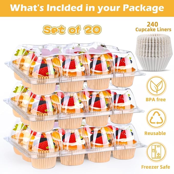 Plastic Cupcake Containers 12 Count (20 Sets), Stackable Cupcake Boxes Holders with Tall Dome Lid, Disposable Cupcake Carrier Trays Include 240 Cupcake Liners
