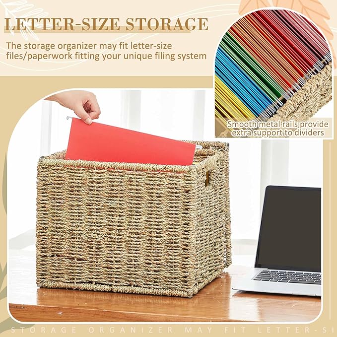 Marspark Seagrass File Box Organizers Decorative File Baskets for Hanging Folders Filing Cabinet with Lid Collapsible Letter Size Document Storage Box for Home Office Decor, Natural