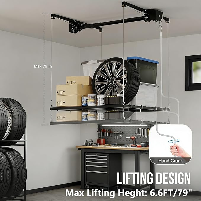 4x4 FT Overhead Garage Lifting Storage Rack, 350 lbs Capacity & 79"Lifting, Metal Garage Ceiling Rack, Adjustable Storage System with Safety Lock