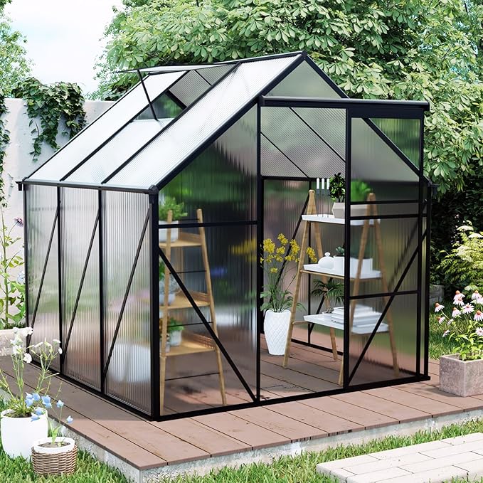 6X6FT Greenhouse for Outdoor, Polycarbonate Greenhouse with Raised Base and Anchor, Heavy-Duty Walk-in Green House with Adjustable Roof Vent and Gutter System for Patio,Backyard (Black, 6X6 FT)