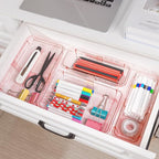 25 Pcs Clear Drawer Organizer, Adjustable Drawer Storage Box, 3-Size Desk Drawer Organizer, Acrylic Storage Bins for Makeup, Kitchen Utensils, Bedroom Dressers Tool Organizer for Gadgets, Pink