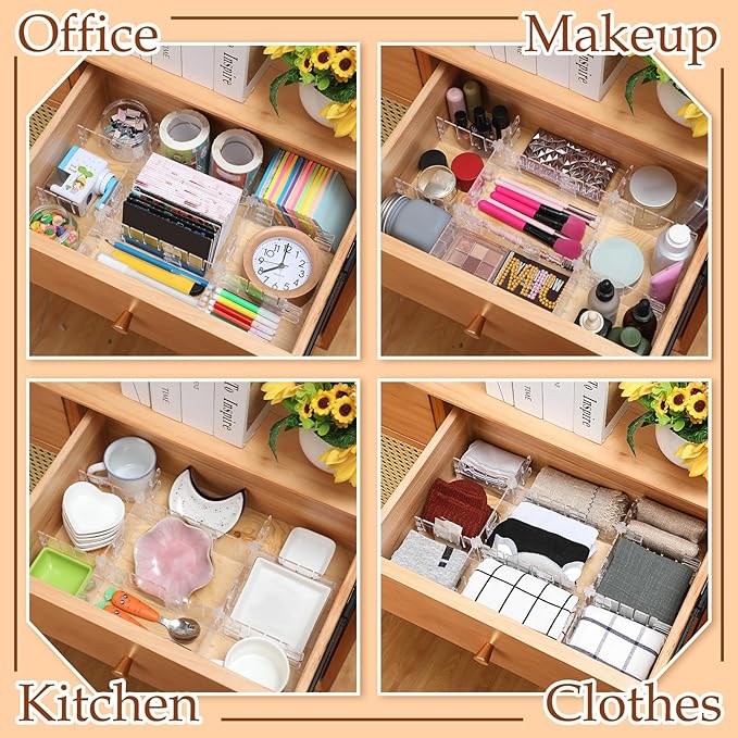 45 Pcs Adjustable Drawer Dividers with Fixed Buckle Drawer Organizer Box Dividers Back To School Gift for Socks Underwear Makeup Kitchen Bedroom Dresser Office Storage (Clear)