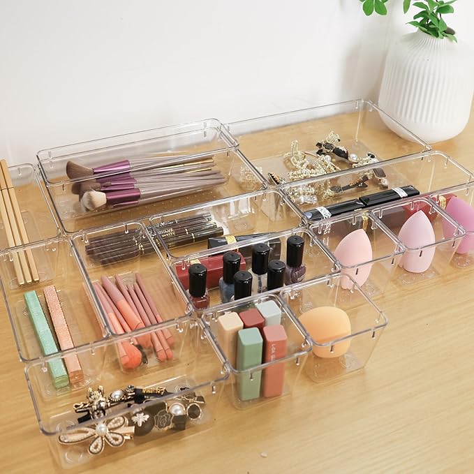 Drawer Organizer with Non-Slip Silicone Pads Set of 15,Clear Plastic Vanity Organizer Storage Bins Containers,4 Size Desk Organizer Tray