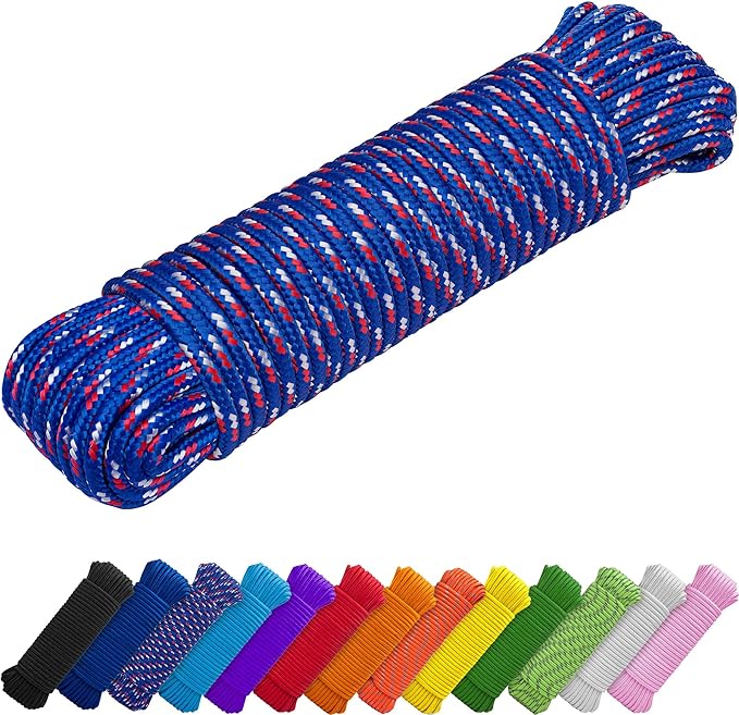 TECEUM Rope – 90 Feet x 3/8 Inch (10mm) – Patriot Mix – Strong All-Purpose Utility Rope – Camping, Crafting, Flag Pole, Indoor & Outdoor – Polypropylene Nylon Poly Lightweight Diamond Braided Cord