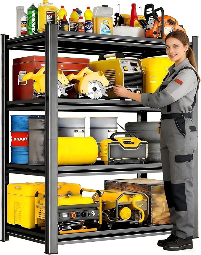 48" W x 24" D Garage Shelving Heavy Duty Unit, 4-Tier Adjustable Metal Storage Shelves, 2400 lbs Industrial Shelf Stand Organizer for Garage, Basement, Warehouse, Pantry, Kitchen, Black, 63" H