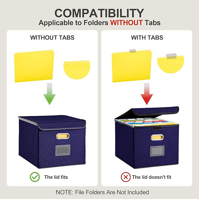 Collapsible File Box with Lid & Plastic Slide - Hanging Document Organizer for Office/Home, 14.96x12.6x10.83 Inch,Dark Blue, 2 Pack (No Folders Included)