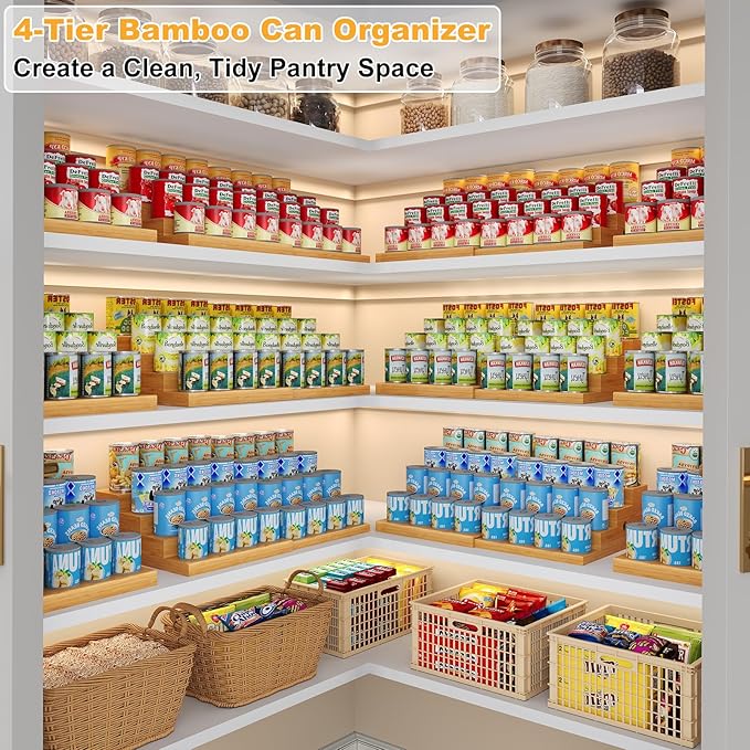 Expandable Bamboo Can Storage Rack, 4 Tier Adjustable Can Organizer for Pantry Holds Up to 32 Cans, Soda Can Dispenser, Canned Food Storage Display Shelf for Cabinet & Countertop (Patent Pending)