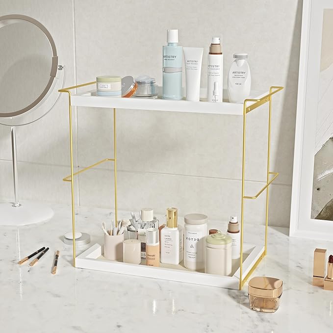 Emfogo Perfume Organizer for Women, 2 Tier Wooden and Metal Cologne Organizer for Men, Large Capacity Perfume Stand Holder Tray for Vanity Bathroom Countertop Organizers and Storage (White and Gold)