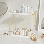 Emfogo Perfume Organizer for Women, 2 Tier Wooden and Metal Cologne Organizer for Men, Large Capacity Perfume Stand Holder Tray for Vanity Bathroom Countertop Organizers and Storage (White and Gold)