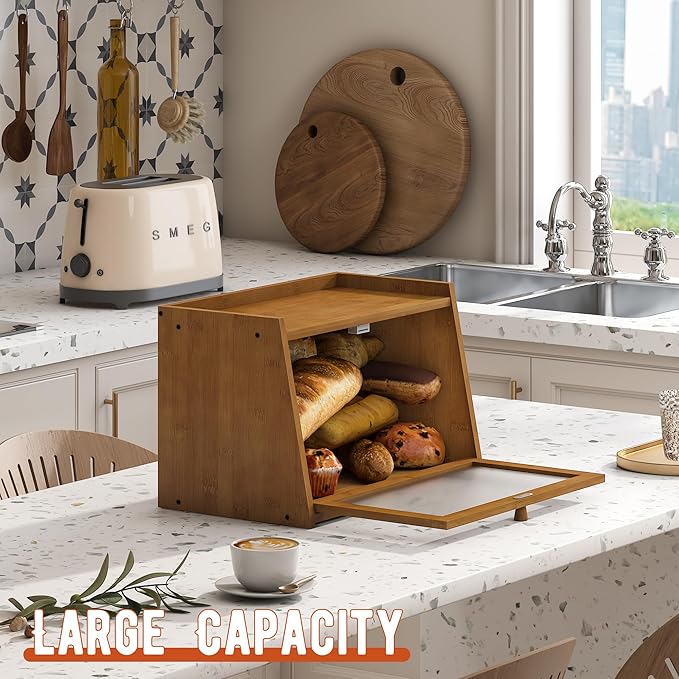 GHWIE Large Bread Box, Easy Access & Cleaning - Bamboo Bread Box for Kitchen Countertop with Acrylic Door (Coffee, Medium)