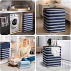 BALEINE Laundry Hamper with Lid, Tall Laundry Baskets with Bamboo Pull Handles, Large Laundry Bin with Internal Support (18 Gal/70L, Blue Pinstripe)
