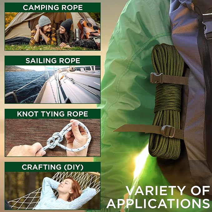 TECEUM Rope – 90 Feet x 3/8 Inch (10mm) – Army Green – Strong All-Purpose Utility Rope – Camping, Crafting, Flag Pole, Indoor & Outdoor – Polypropylene Nylon Poly Lightweight Diamond Braided Cord