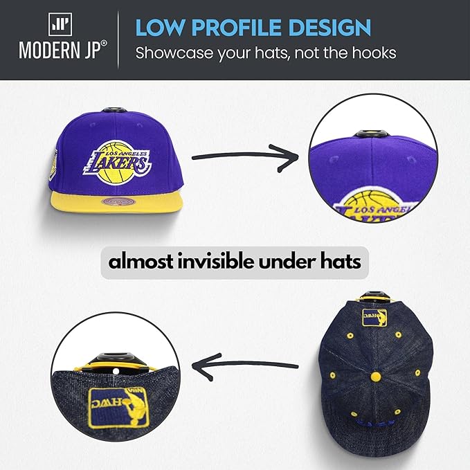 Modern JP Adhesive Hat Hooks for Wall (8-Pack) - Hat Rack for Baseball Caps, Minimalist Hat Display, Strong Hold Hat Hangers for Wall - USA Patented, Black