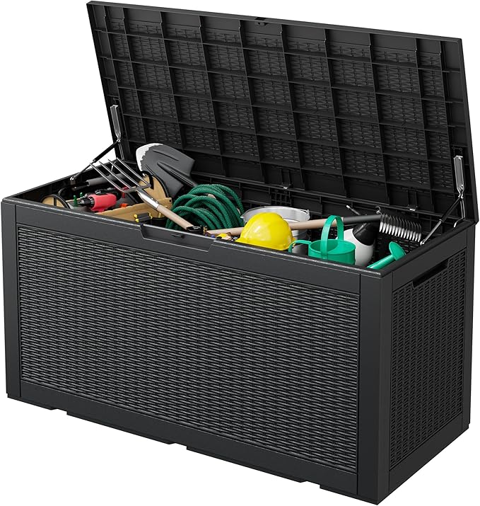 KAMABOKO 101 Gallon Waterproof Large Resin Deck Box, Lockable Large Outdoor Storage Boxes Indoor Outdoor Storage Container for Patio Cushions, Gardening Tools, Pool Supplies, Black