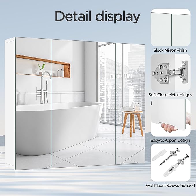 Yaheetech Bathroom Mirror Cabinet with 3 Doors, Wall Mounted Medicine Cabinet with Adjustable Shelf, Storage Cupboard for Living Room, Laundry Room, Mudroom, White