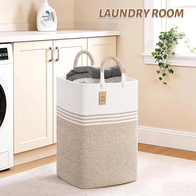 Laundry Basket Hamper,Blanket Storage,Dirty Clothes Hamper with Swivel Handles,Woven Cotton Rope Toy Baskets,Blanket Basket Living Room,Decorative Hampers for Nursery,Bedroom,White & Linen,100L